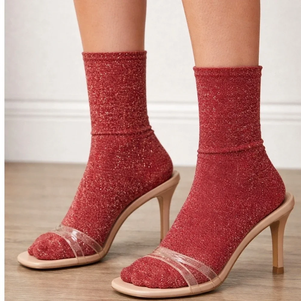 Burgundy‎ Red Metallic Gold Shimmer Sparkle Ankle Socks Calf OS Glam Chic 104-09